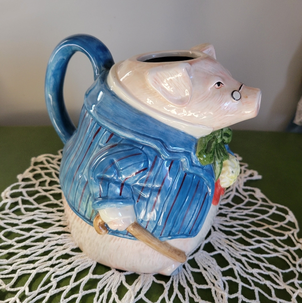 Vintage Fitz & Floyd Country Farm Pig Teapot with Blue Jacket 1987 Missing Lid